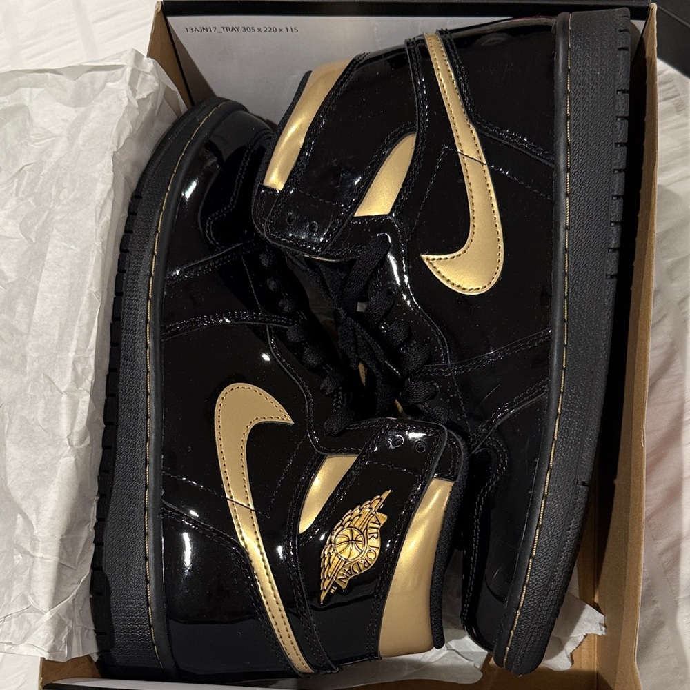JORDAN 1 Retro High Black and Gold Patent Sneakers